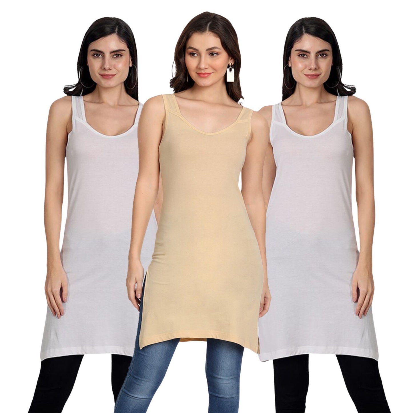 Women's Cotton Sleeveless Long Kurti Camisole Slip Spaghetti 1 Beige  2 White combo P3 
