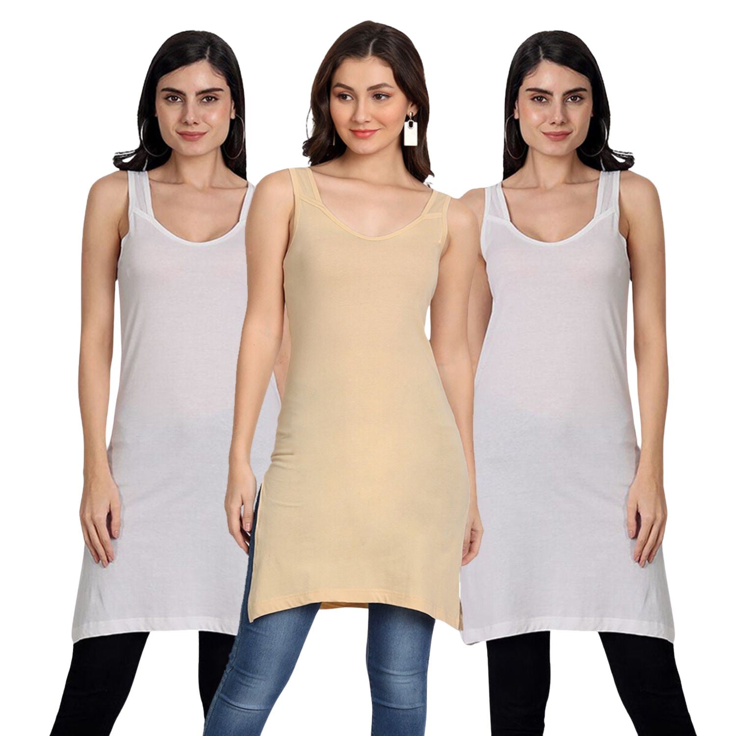 Women's Cotton Sleeveless Long Kurti Camisole Slip Spaghetti 1 Beige  2 White combo P3 