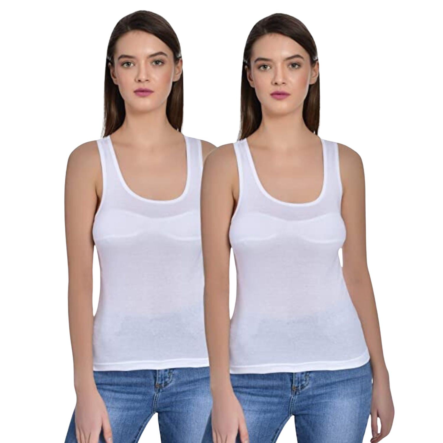 Women's Regular Fit Wide Strap Sleeveless Cotton Camisole Slip Spaghetti 2 white Combo pack of 2