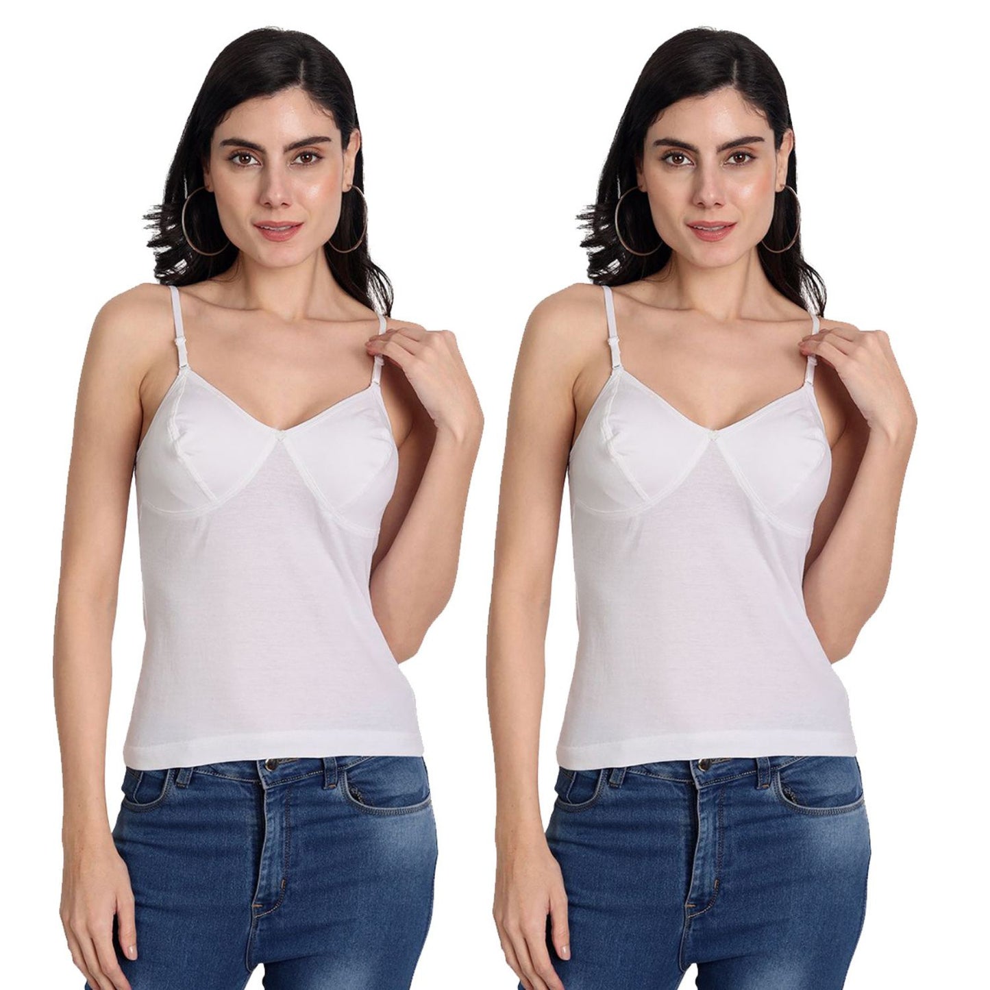 Women's Regular Fit Adjustable Strap Cotton Bra Cum Camisole Slip Spaghetti 2-White Combo pack of 2