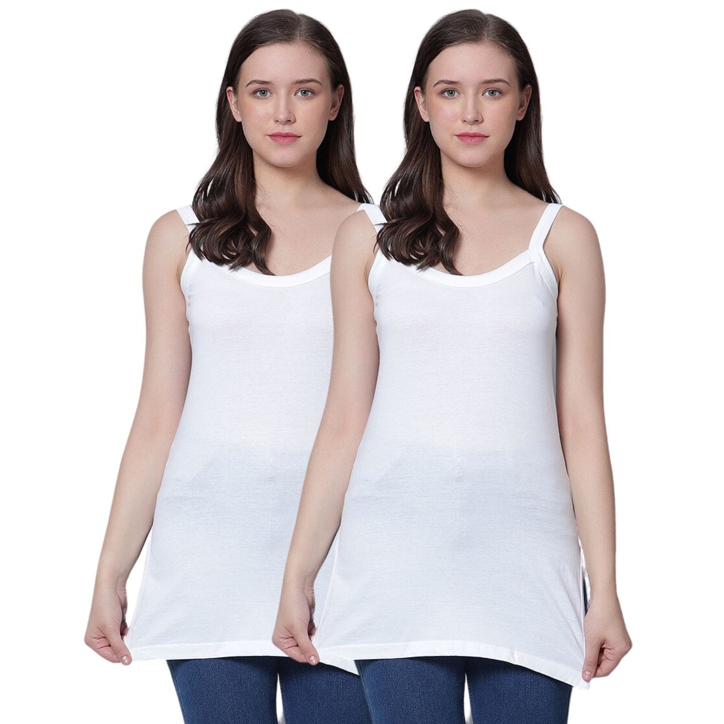 Women's Cotton Sleeveless U Neck Long Spaghetti Slips Regular Use Camisoles 2 white pack of 2