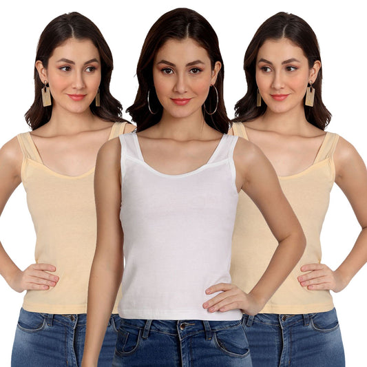 Women's Regular Fit Cotton U Neck Spaghetti Slips Camisoles 2 beige 1 white Combo Pack of 3