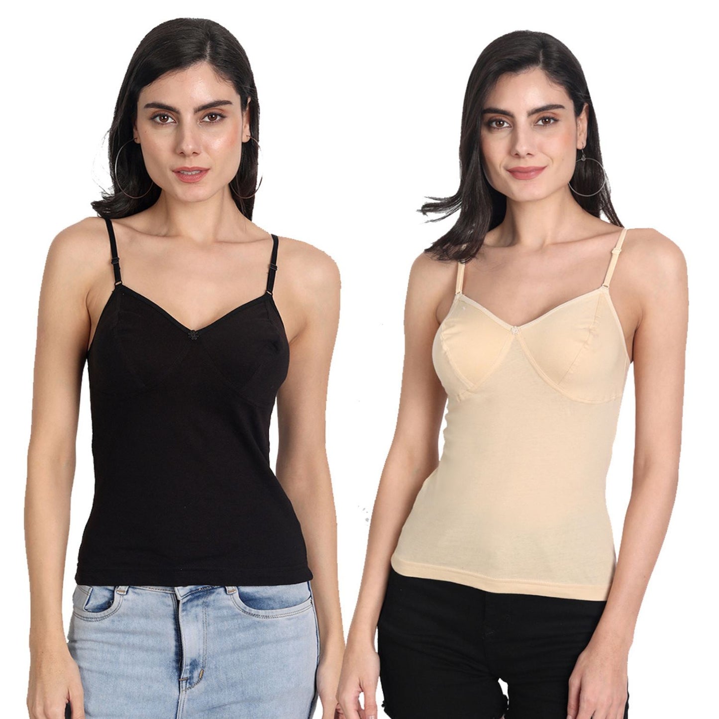 Women's Regular Fit Adjustable Strap Cotton Bra Cum Camisole Slip Spaghetti 1-Black_1-Beige Combo pack of  2