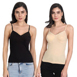 Women's Regular Fit Adjustable Strap Cotton Bra Cum Camisole Slip Spaghetti 1-Black_1-Beige Combo pack of  2
