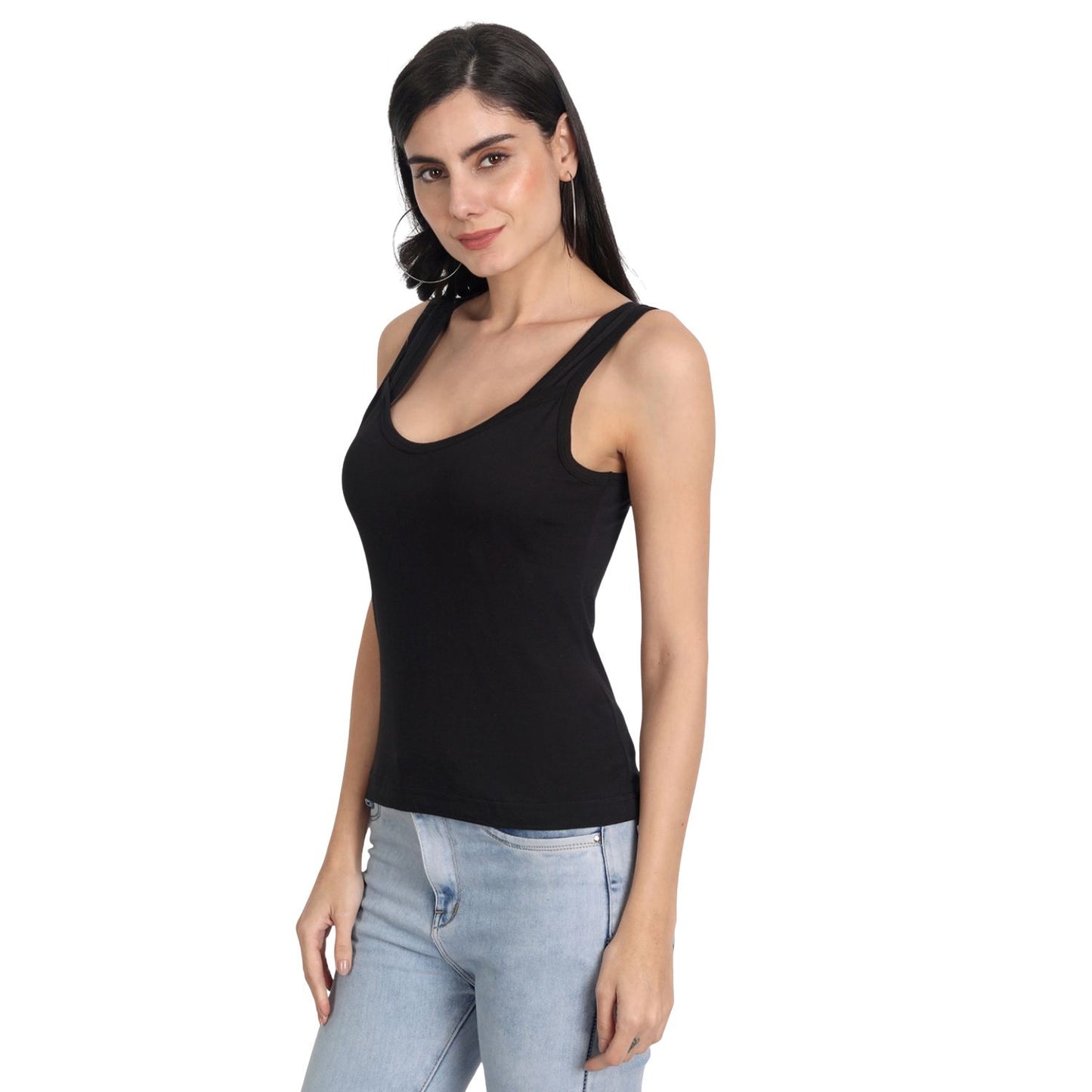 Women’s Cotton Camisole Tank Tops with Wide Shoulder Straps, Sleeveless Stretchable Innerwear for Layering & Daily Wear ( black beige Combo Pack of 2)
