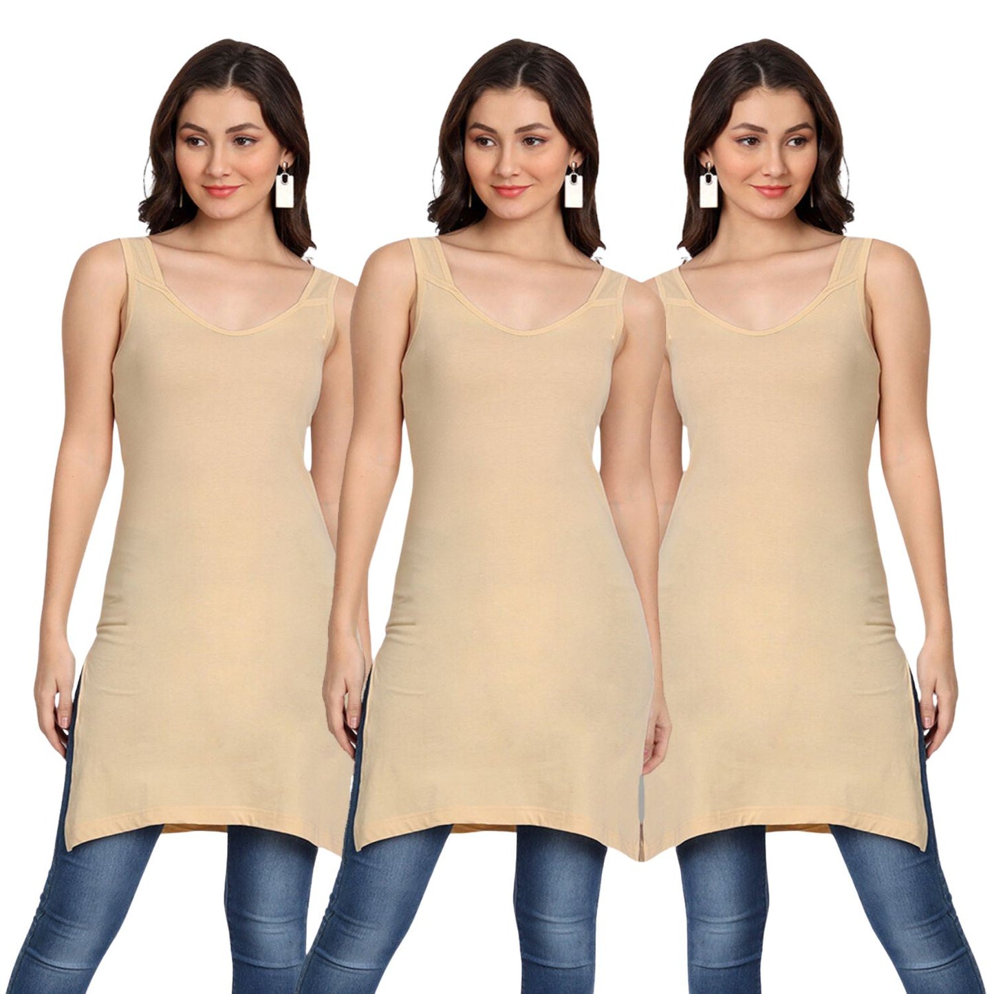 Women's Cotton Sleeveless Long Kurti Camisole Slip Spaghetti 3 Beige combo P3
