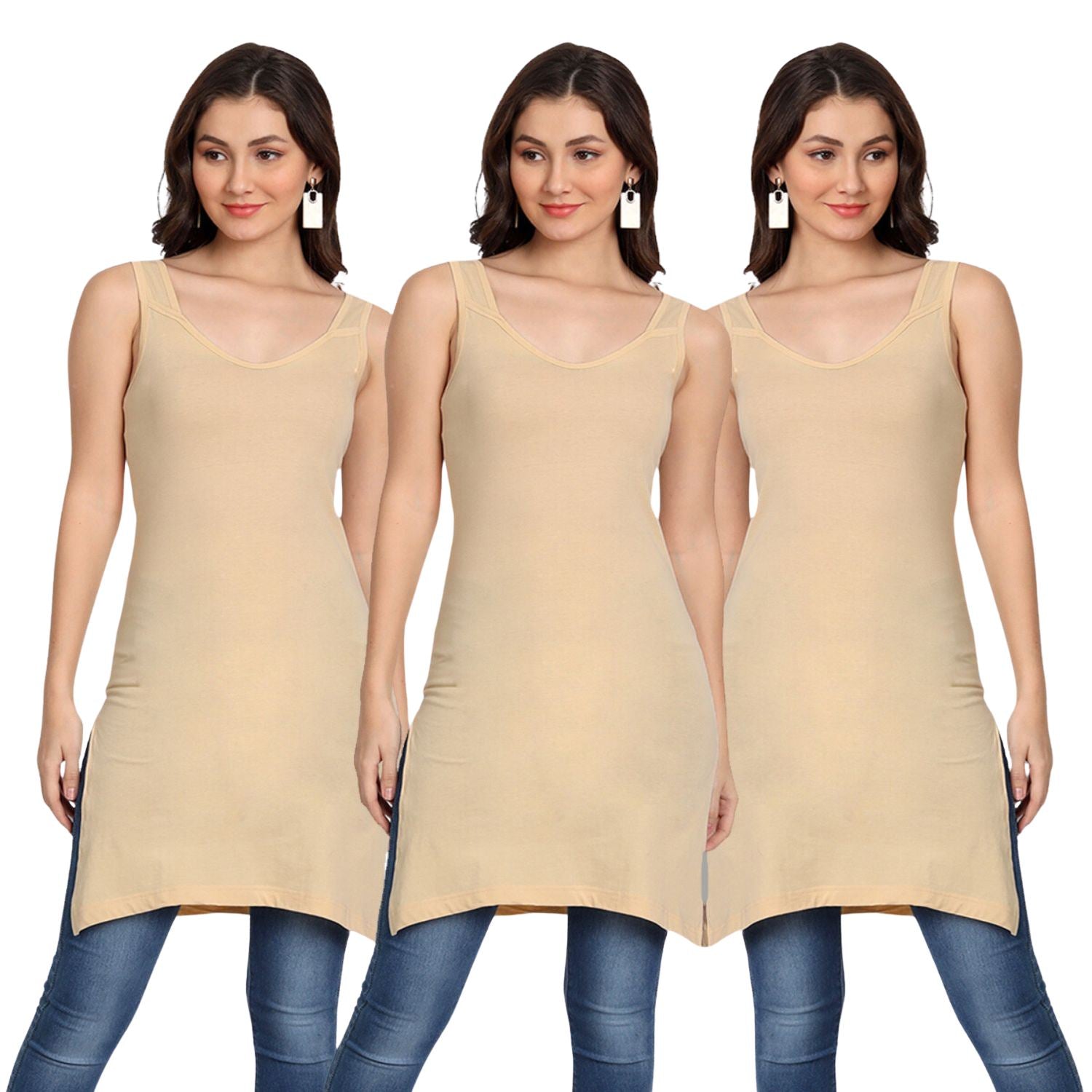 Women's Cotton Sleeveless Long Kurti Camisole Slip Spaghetti 3 Beige combo P3
