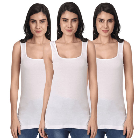 Women's Regular Fit Wide Strap Sleeveless Cotton Camisole Slip Spaghetti 3 WHITE Combo pack of 3 
