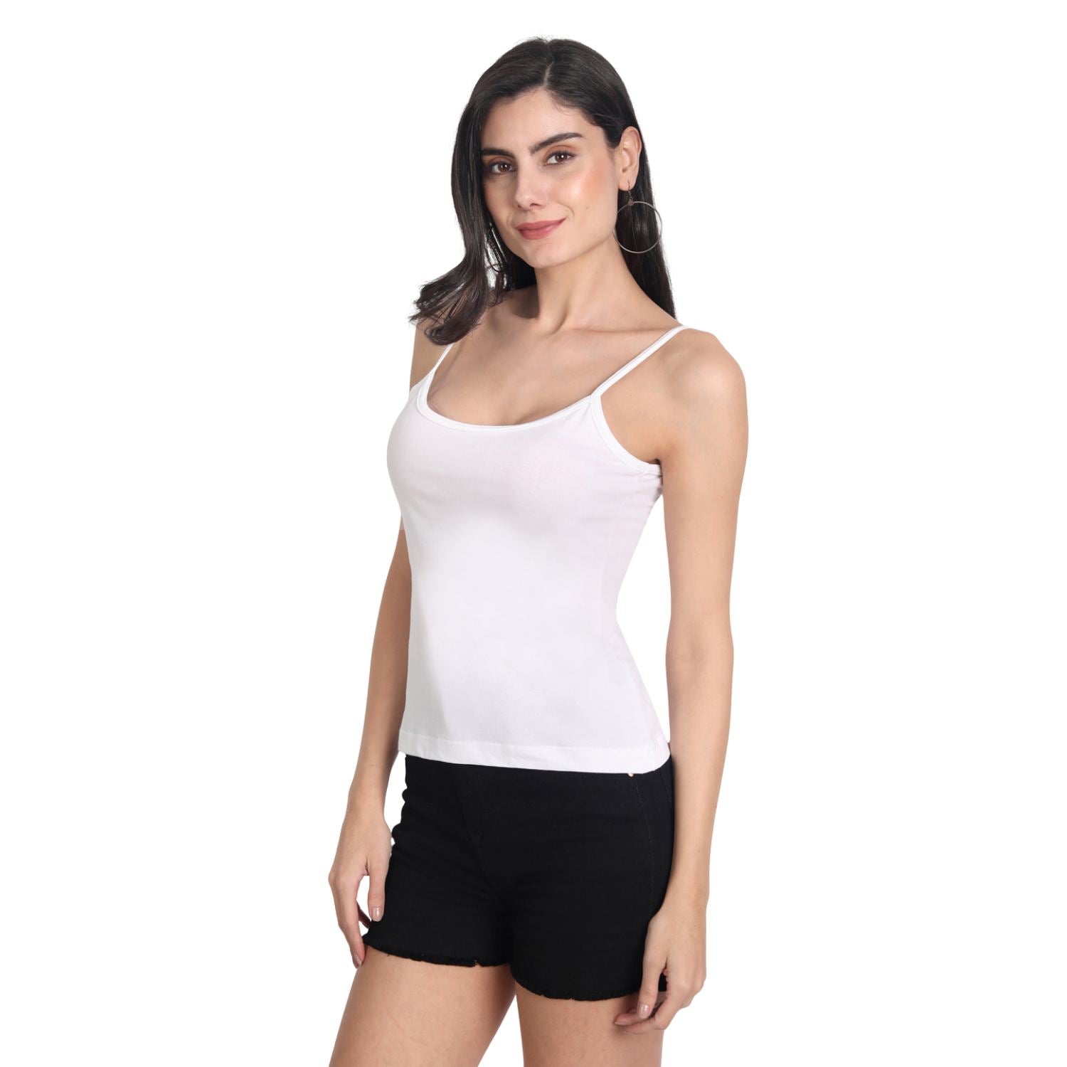 Women's Regular Fit Thin Strap Sleeveless Cotton Camisole Slip Spaghetti 3White Combo pack of 3