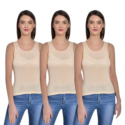 Women's Regular Fit Wide Strap Sleeveless Cotton Camisole Slip Spaghetti 3 Beige Combo pack of 3