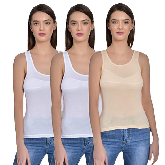 Women's Regular Fit Wide Strap Sleeveless Cotton Camisole Slip Spaghetti 2 Beige 1 White Combo pack of 3