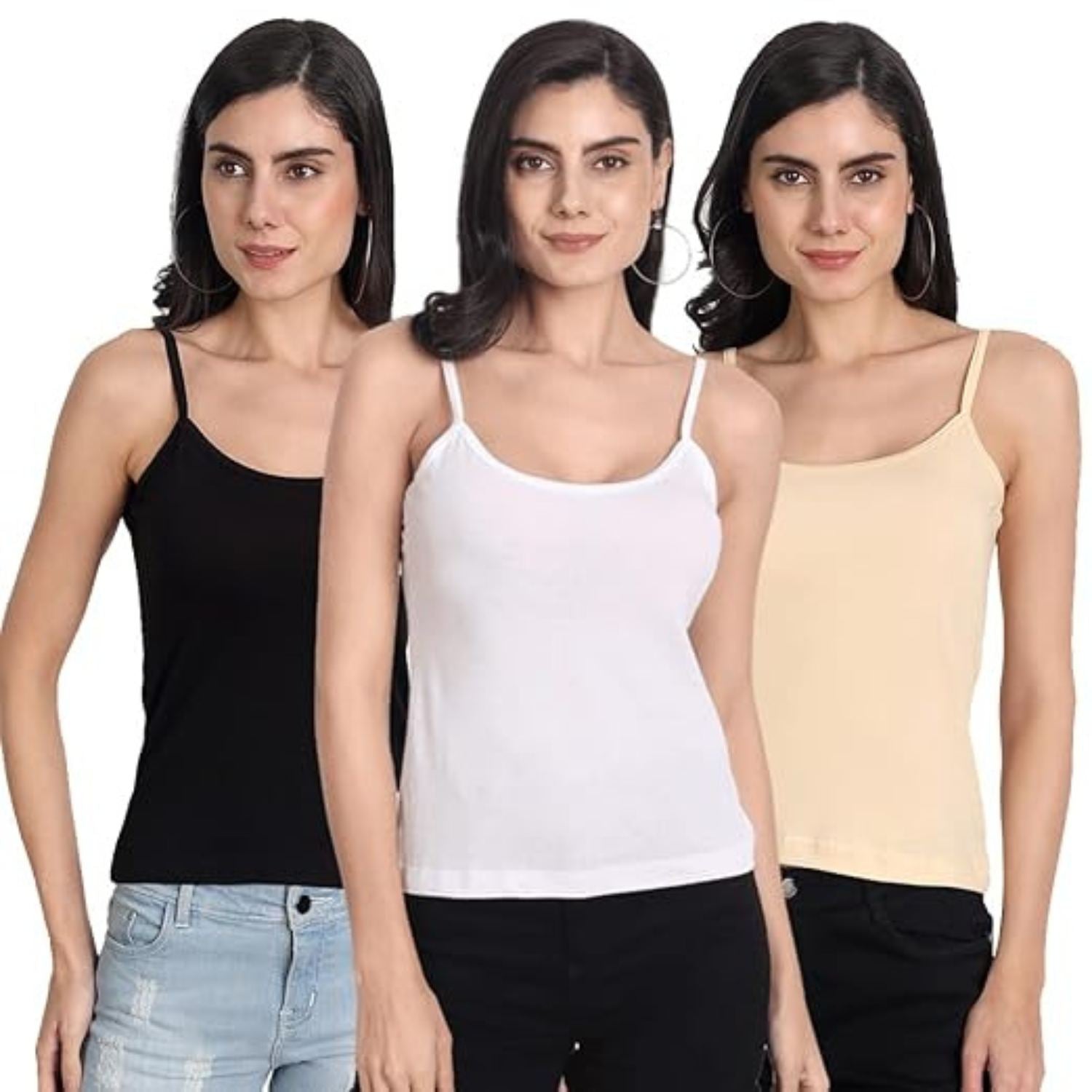 Women's Regular Fit Thin Strap Sleeveless Cotton Camisole Slip Spaghetti Multicolor Combo pack of 3 