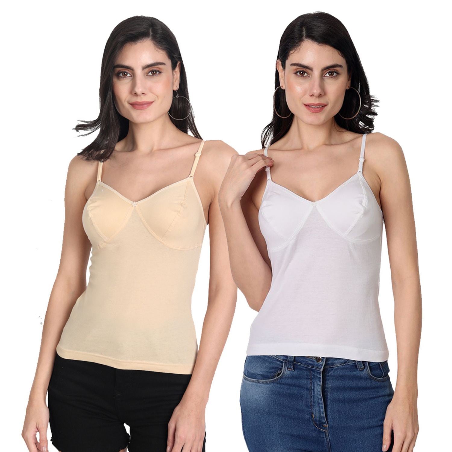 Women's Regular Fit Adjustable Strap Cotton Bra Cum Camisole Slip Spaghetti 1-White_1-Beige Combo pack of  2