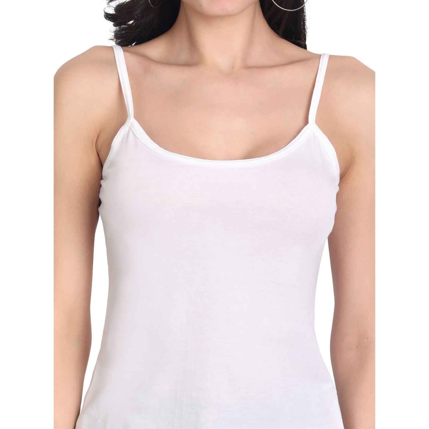 Women's Regular Fit Thin Strap Sleeveless Cotton Camisole Slip Spaghetti 3White Combo pack of 3