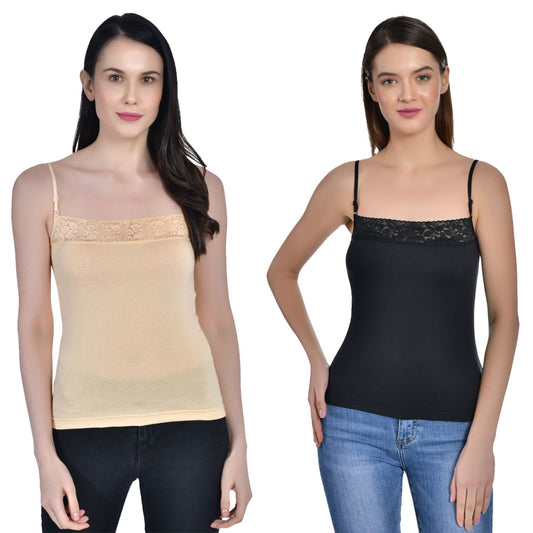 Women's Cotton Adjustable Strap Lace Spaghetti Slip Camisole 1 beige 1 blk  Pack of 2