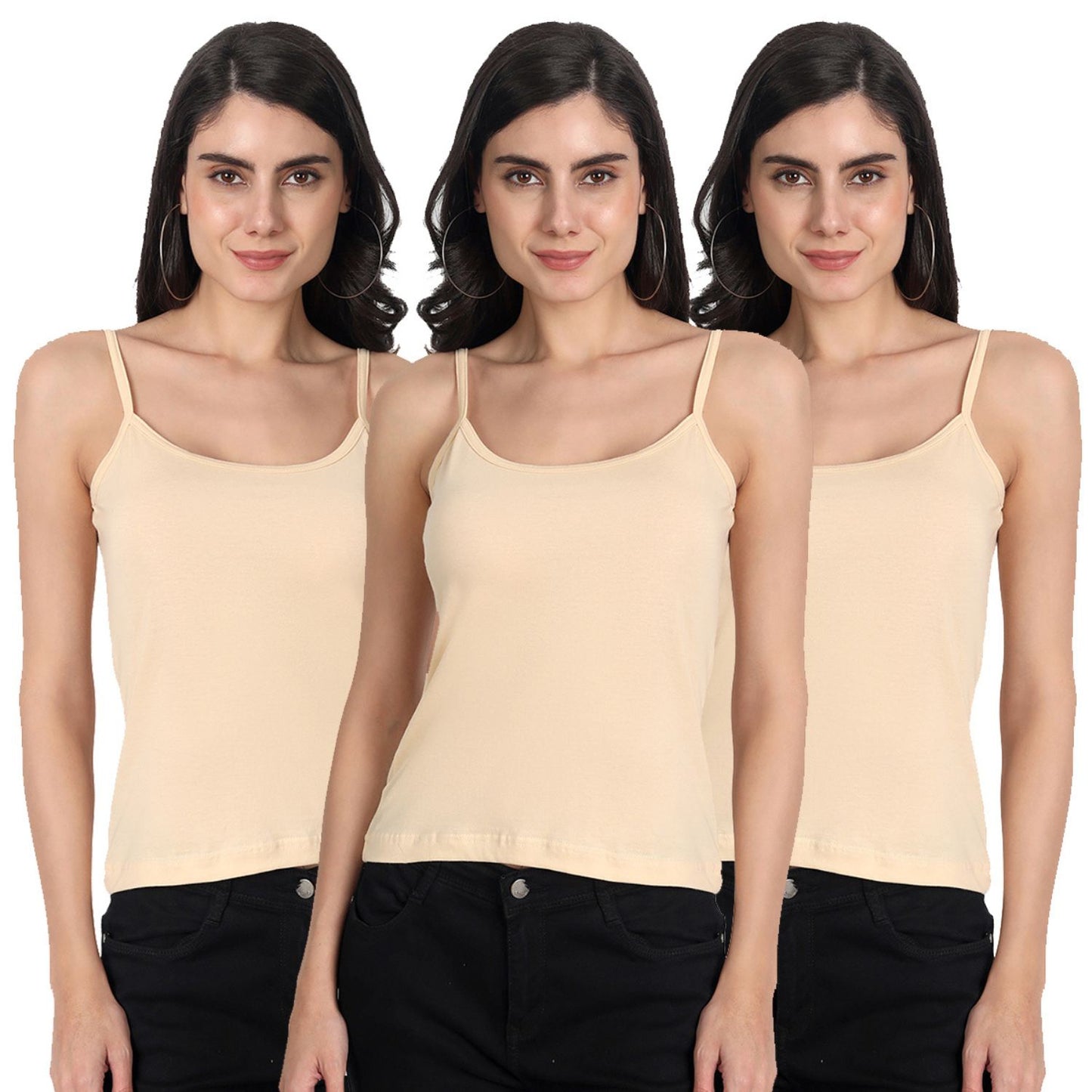 Women's Regular Fit Thin Strap Sleeveless Cotton Camisole Slip Spaghetti 3Beige Combo pack of 3