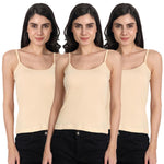 Women's Regular Fit Thin Strap Sleeveless Cotton Camisole Slip Spaghetti 3Beige Combo pack of 3