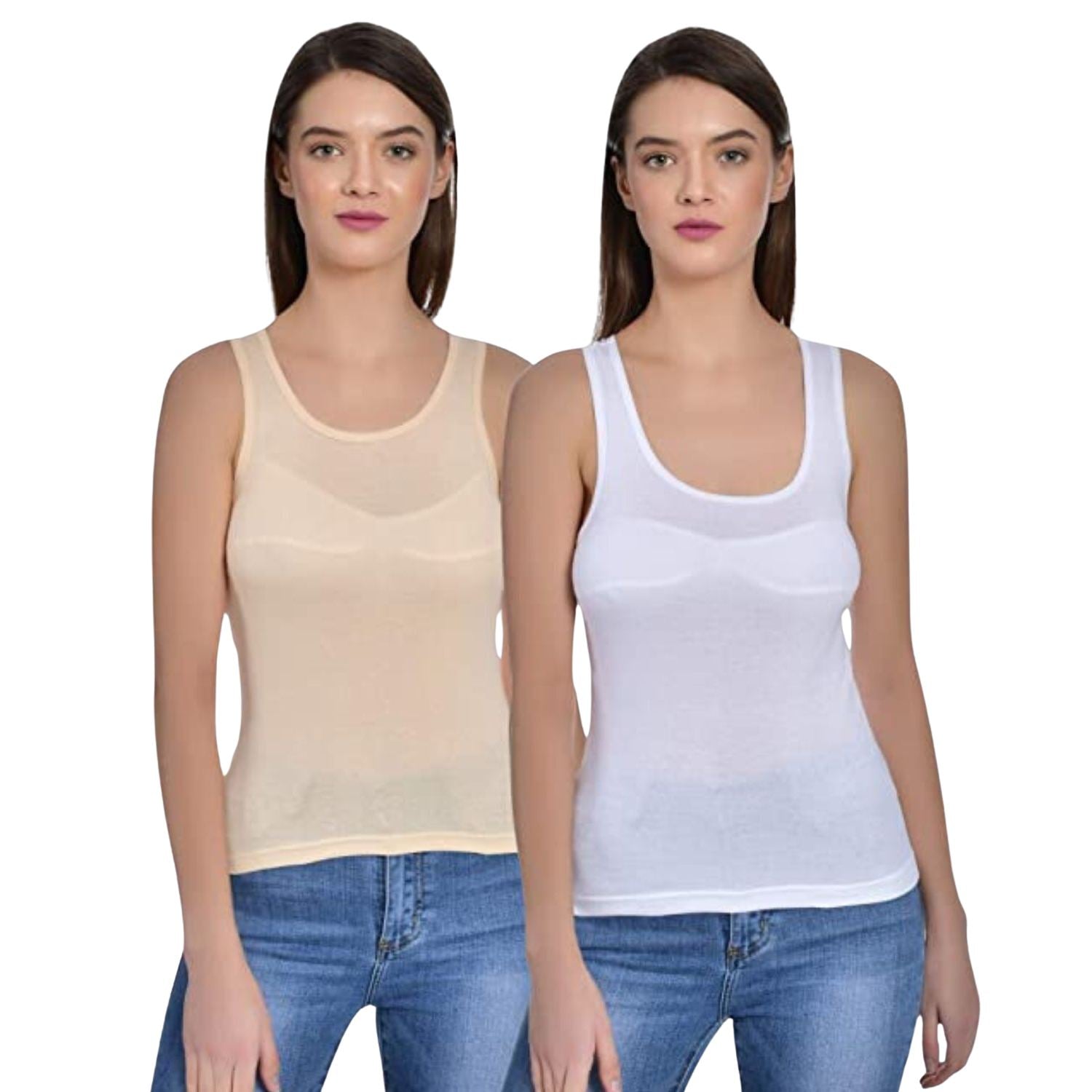 Women's Regular Fit Wide Strap Sleeveless Cotton Camisole Slip Spaghetti beige and white Combo pack of 2