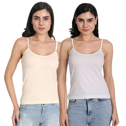 Aimly Women's Cotton Sleeveless Adjustable Strap Spaghetti BGE_WHT - Pack of 2