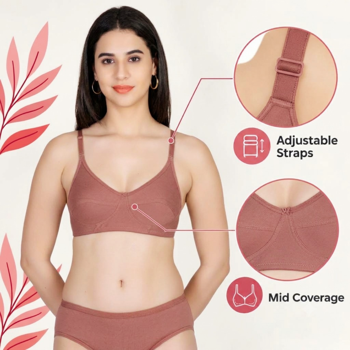 Aimly Women's Cotton Bra Panty Set – Non-Padded, Wire-Free Bra with Adjustable Straps, Mid Coverage