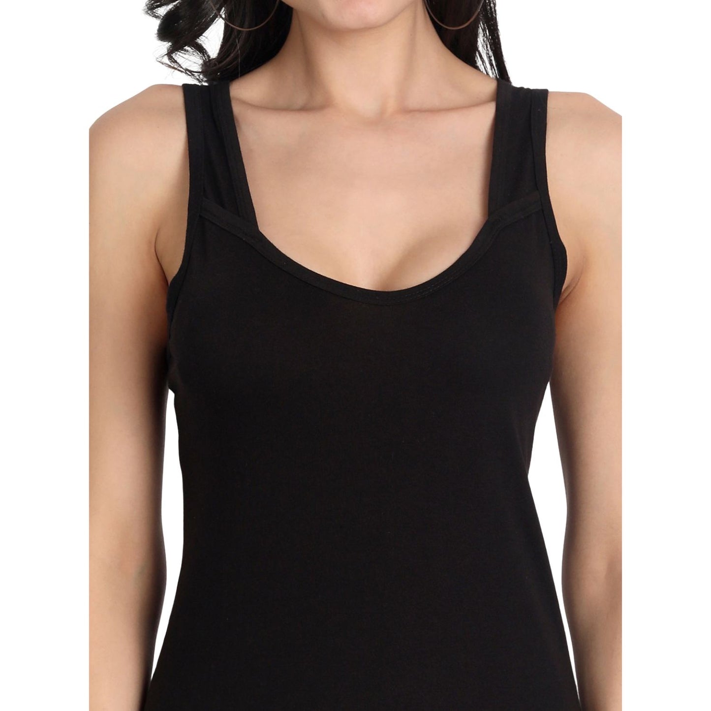 Women's Cotton Sleeveless Long Kurti Camisole Slip black_beige Spaghetti P2