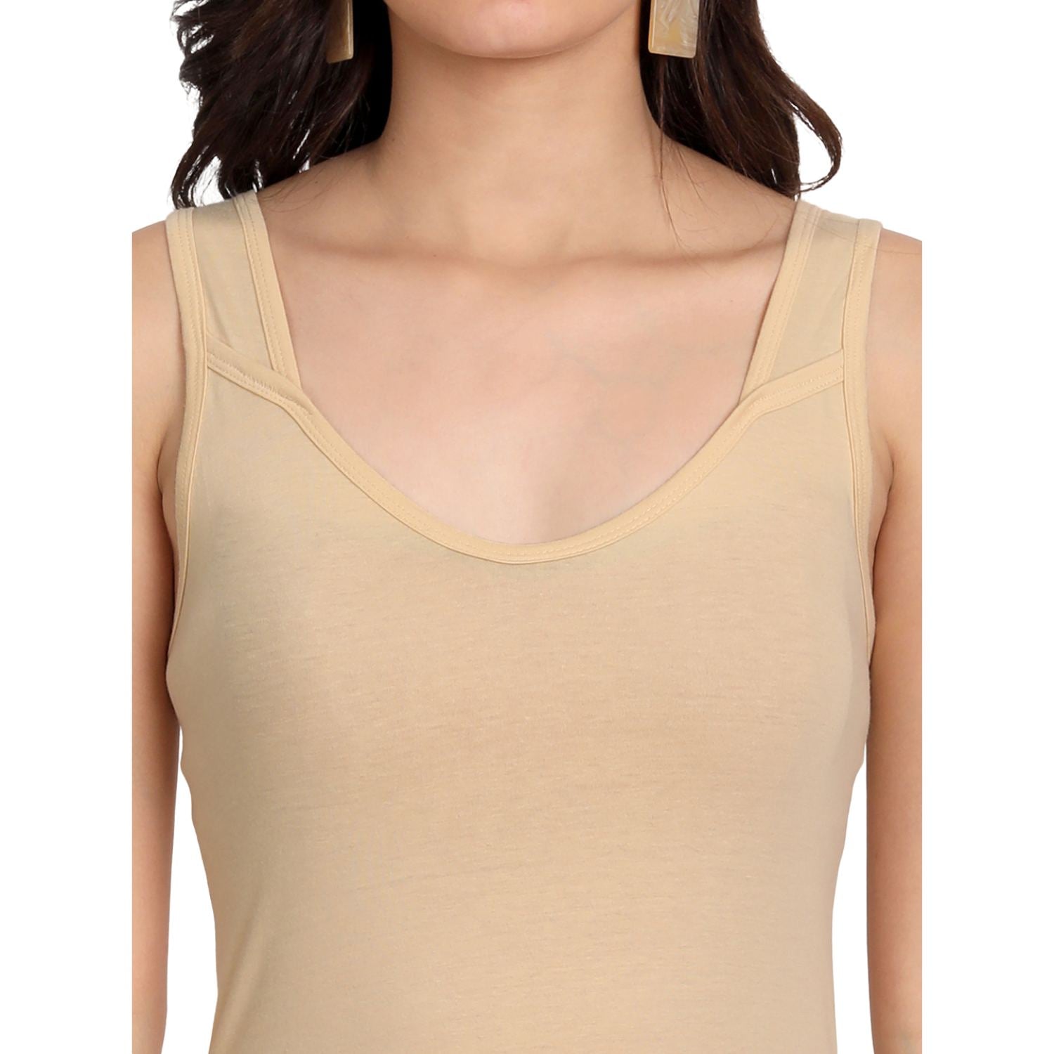 Women's Cotton Sleeveless Long Kurti Camisole Slip Spaghetti 3 Beige combo P3