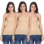Aimly Women's Cotton Sleeveless Adjustable Strap Camisole Slip Spaghetti 3 BEIGE - Pack of 3