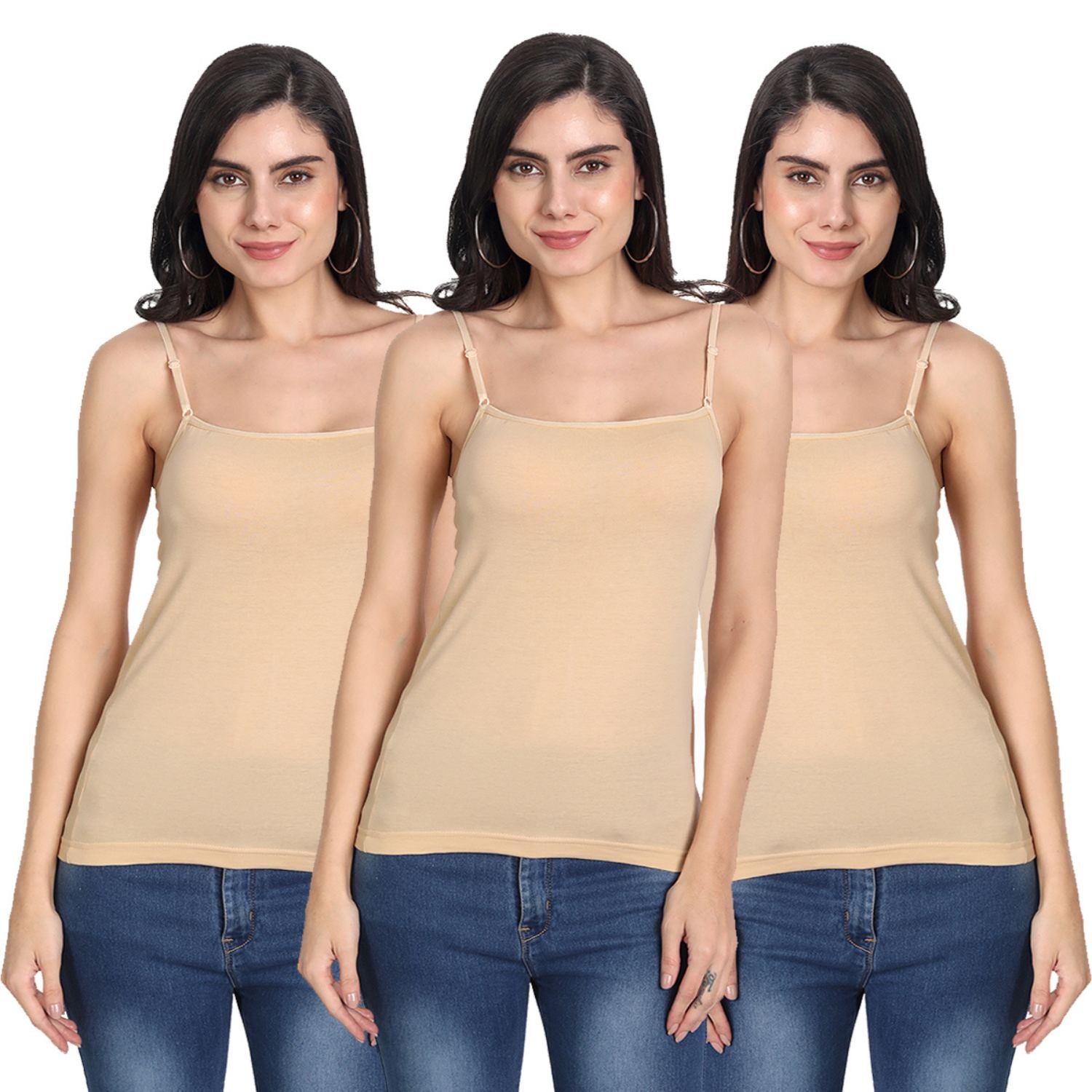 Aimly Women's Cotton Sleeveless Adjustable Strap Camisole Slip Spaghetti 3 BEIGE - Pack of 3