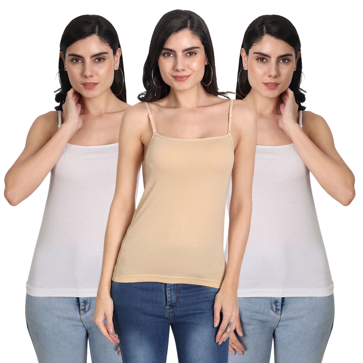 Aimly Women's Cotton Sleeveless Adjustable Strap Camisole Slip Spaghetti 2 WHITE 1 BEIGE- Pack of 3