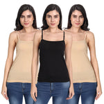 Aimly Women's Cotton Sleeveless Adjustable Strap Camisole Slip Spaghetti 1 BLACK 2 BEIGE- Pack of 3