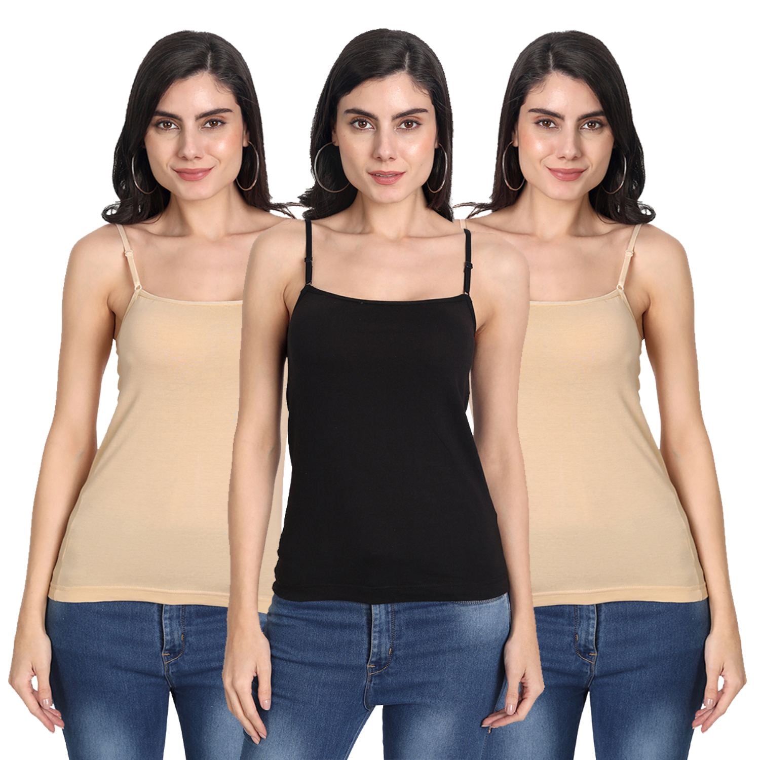 Aimly Women's Cotton Sleeveless Adjustable Strap Camisole Slip Spaghetti 1 BLACK 2 BEIGE- Pack of 3