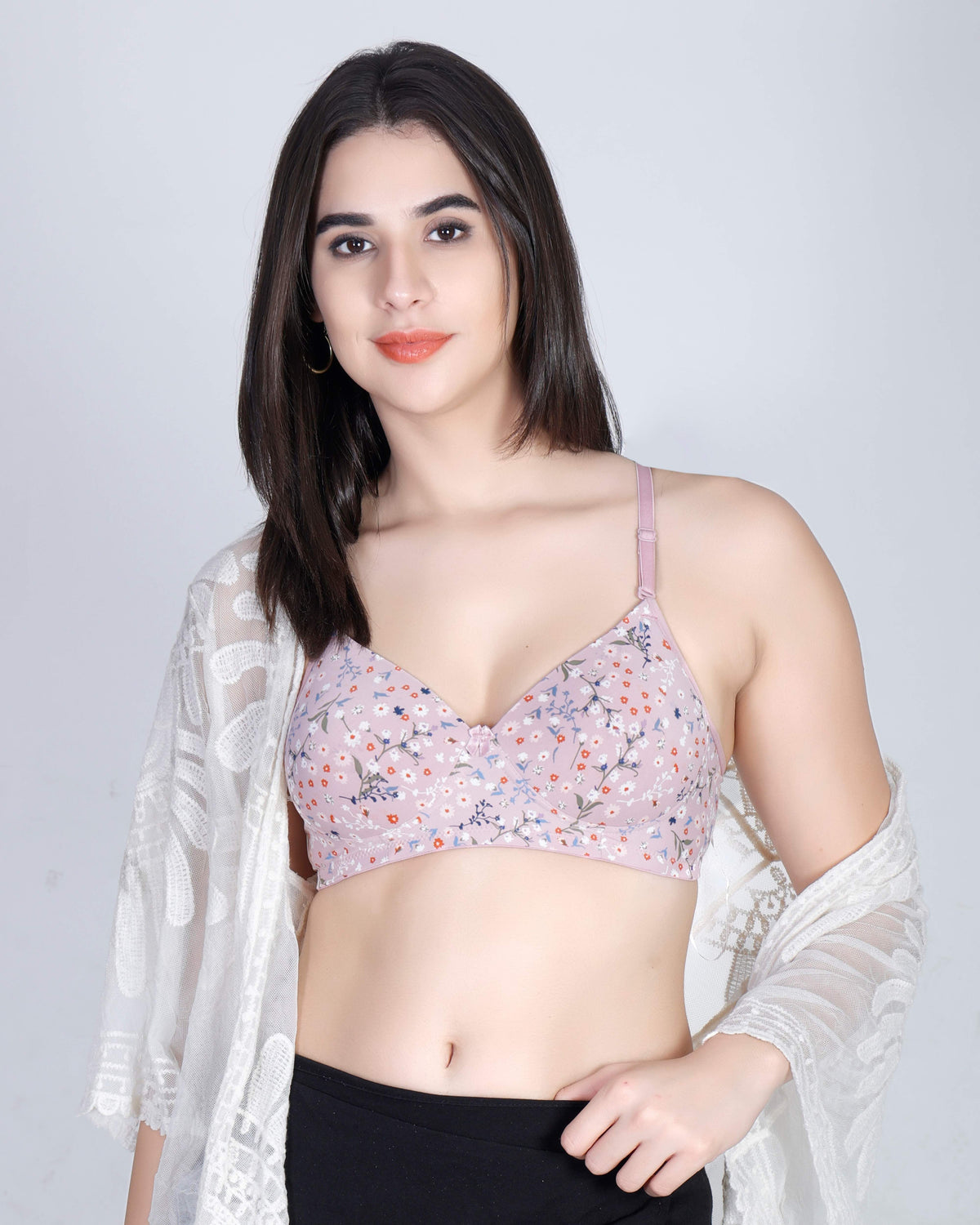 Aimly Floral Printed Soft Padded Lycra Mid Coverage Everyday Women Bra | Wireless Comfort Fit Breathable Stretch Fabric Lightly Padded Bra | Adjustable Strap Seamless Daily Wear Supportive lingerie
