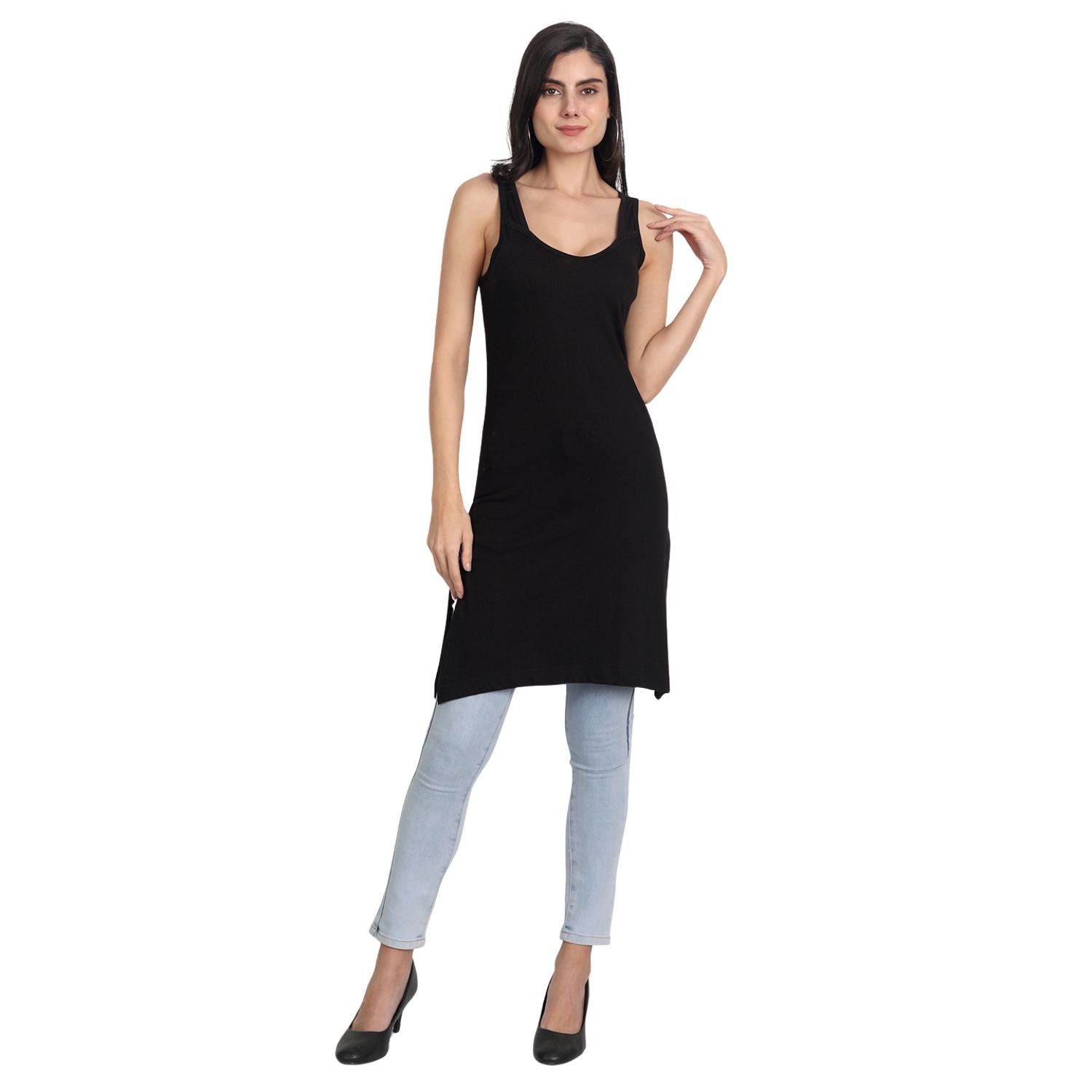 Women's Cotton Sleeveless Long Kurti Camisole Slip Spaghetti 2 Beige  1 Black combo P3 