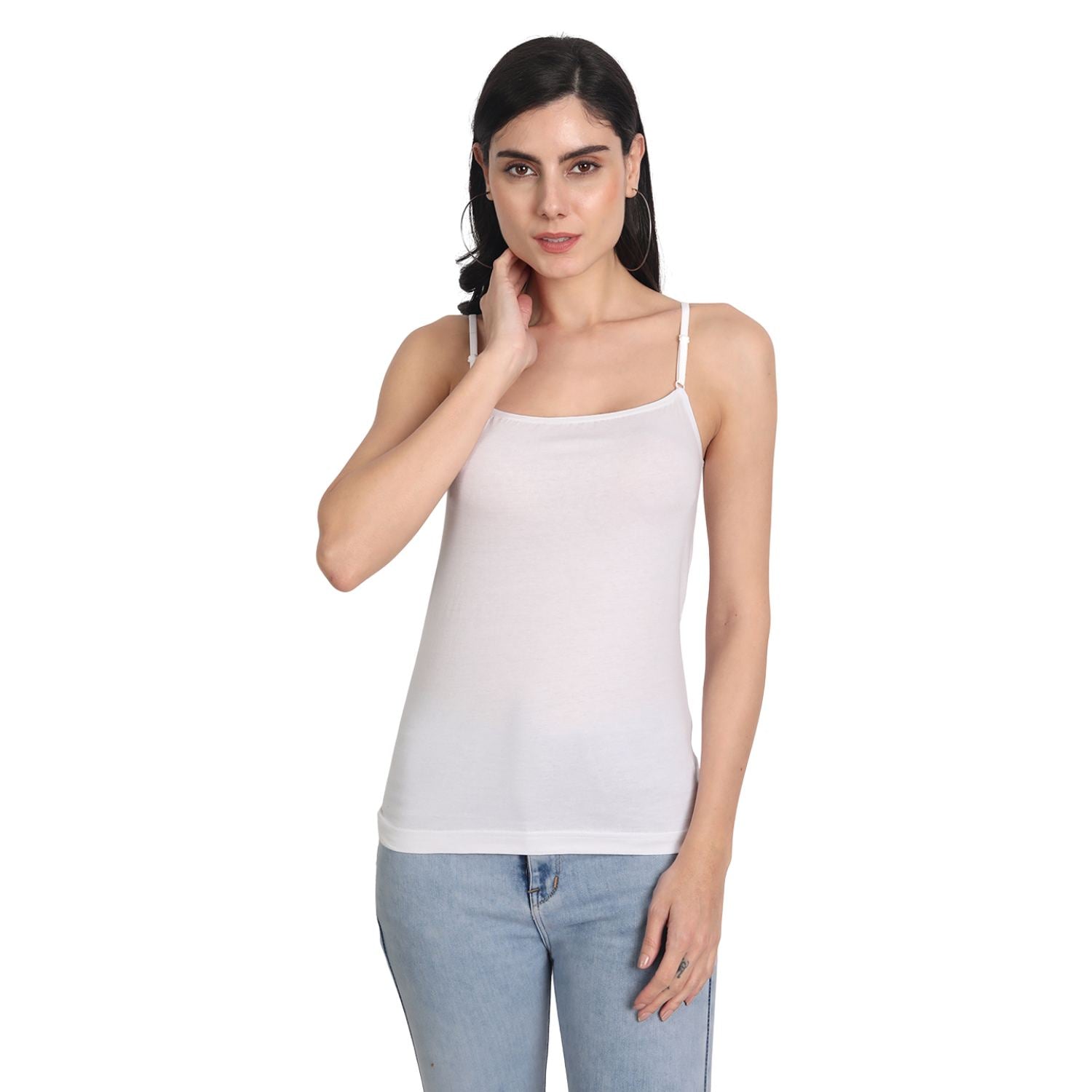 Aimly Women's Cotton Sleeveless Adjustable Strap Camisole Slip Spaghetti 2 WHITE - Pack of 2