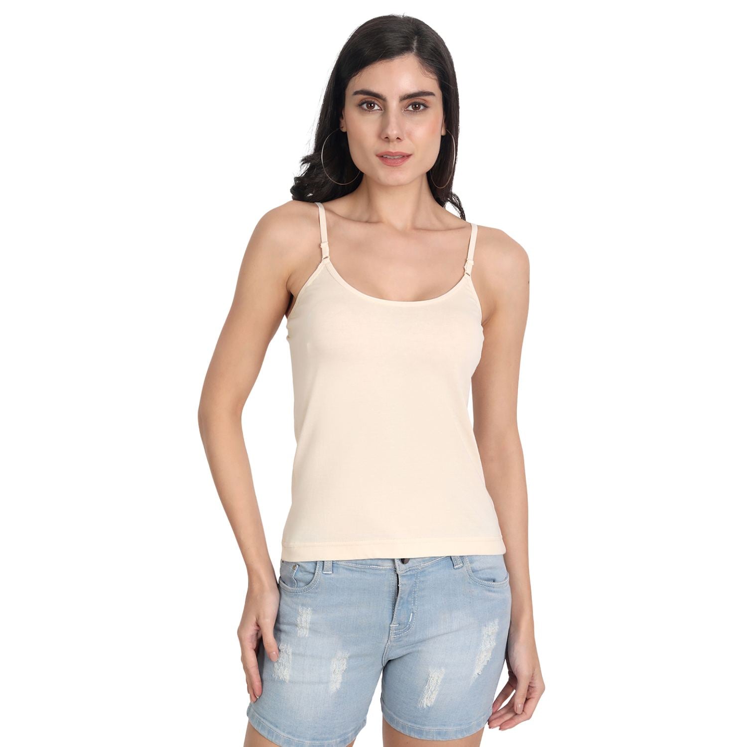 Aimly Women's Cotton Sleeveless Adjustable Strap Spaghetti 2 WHITE 1 BEIGE - Pack of 3