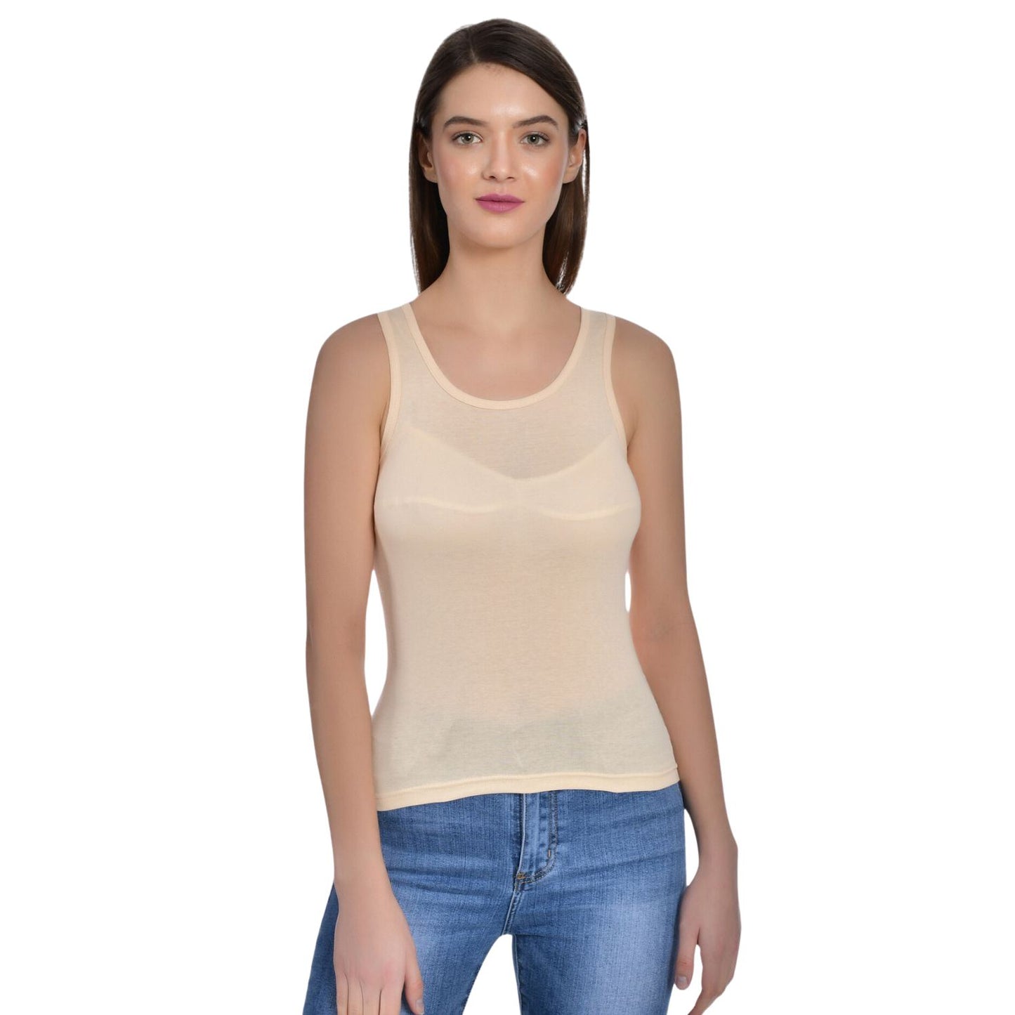 Women's Regular Fit Wide Strap Sleeveless Cotton Camisole Slip Spaghetti beige and black Combo pack of 2
