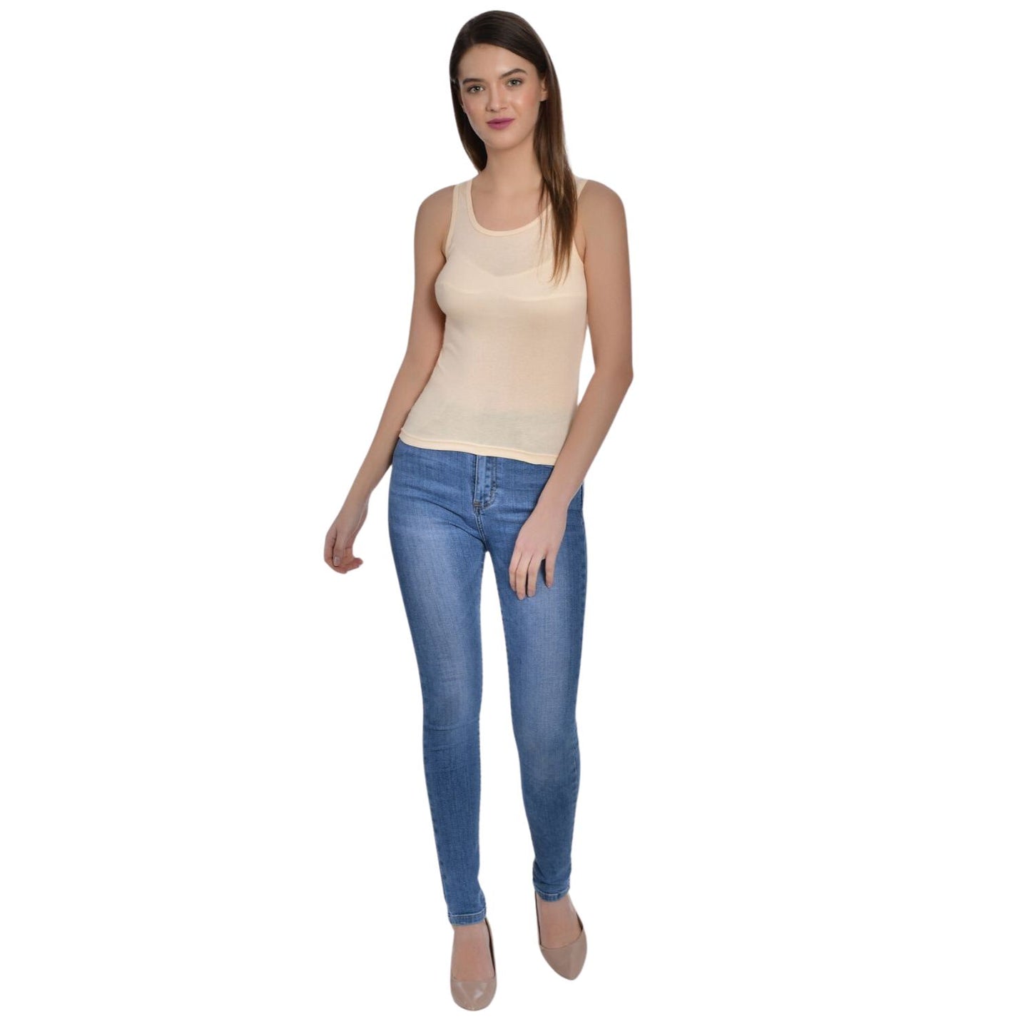 Women's Regular Fit Wide Strap Sleeveless Cotton Camisole Slip Spaghetti beige and white Combo pack of 2