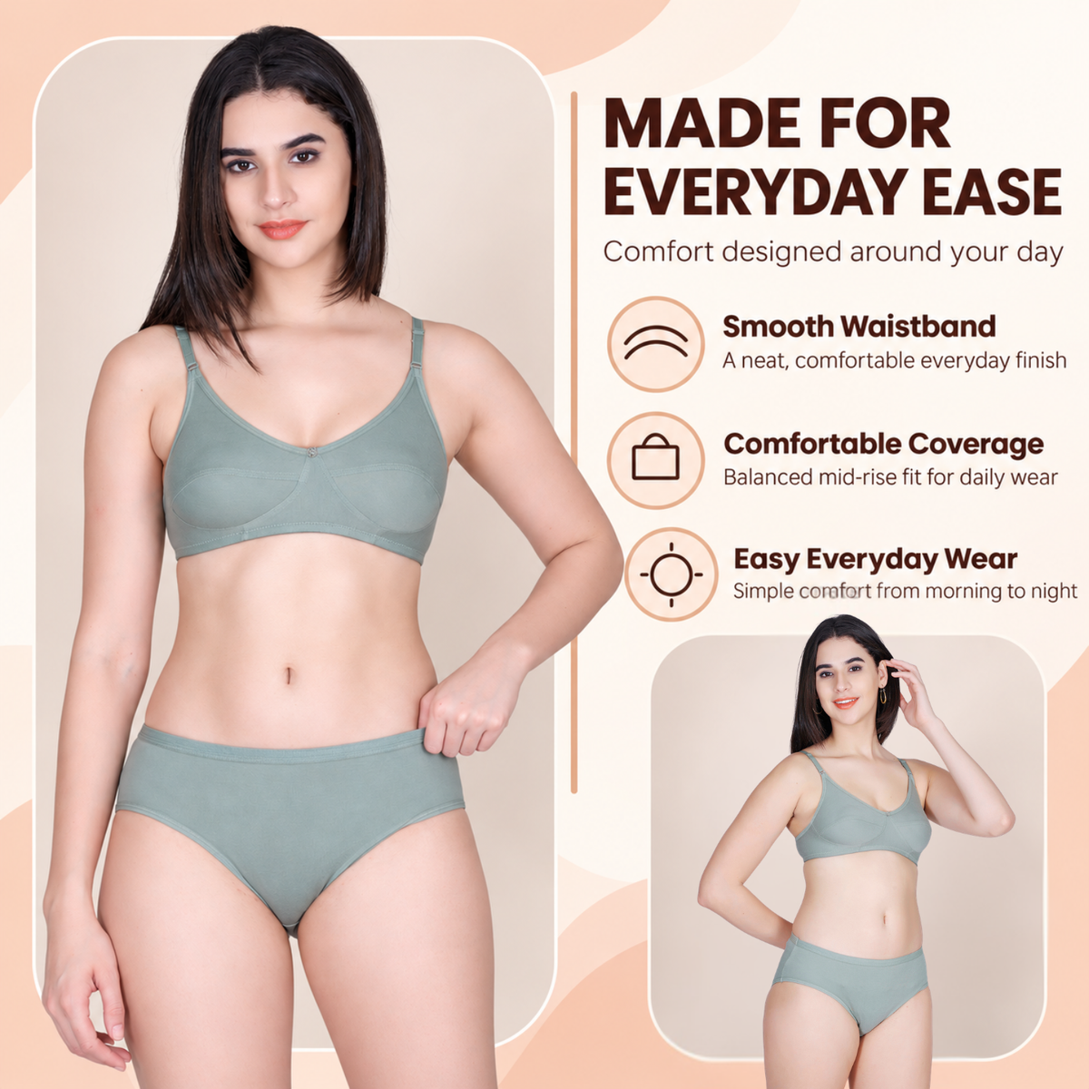 Aimly Women's Cotton Bra Panty Set – Non-Padded, Wire-Free Bra with Adjustable Straps, Mid Coverage