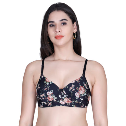 Aimly Floral Printed Soft Padded Lycra Mid Coverage Everyday Women Bra | Wireless Comfort Fit Breathable Stretch Fabric Lightly Padded Bra | Adjustable Strap Seamless Daily Wear Supportive lingerie