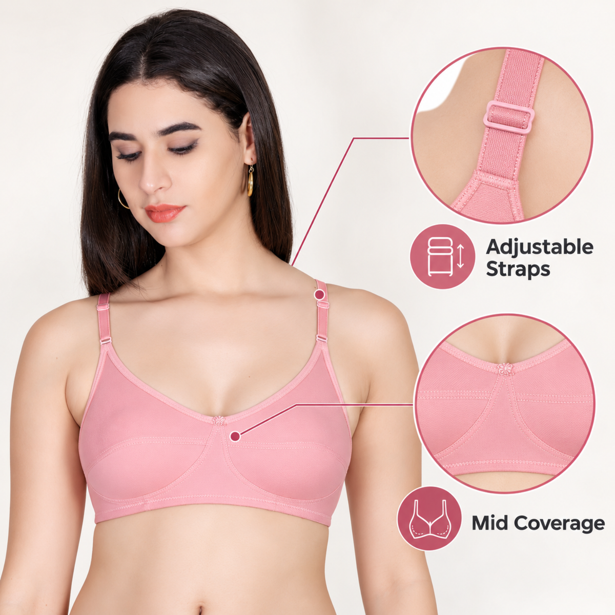 Aimly Women's Cotton Bra Panty Set – Non-Padded, Wire-Free Bra with Adjustable Straps, Mid Coverage