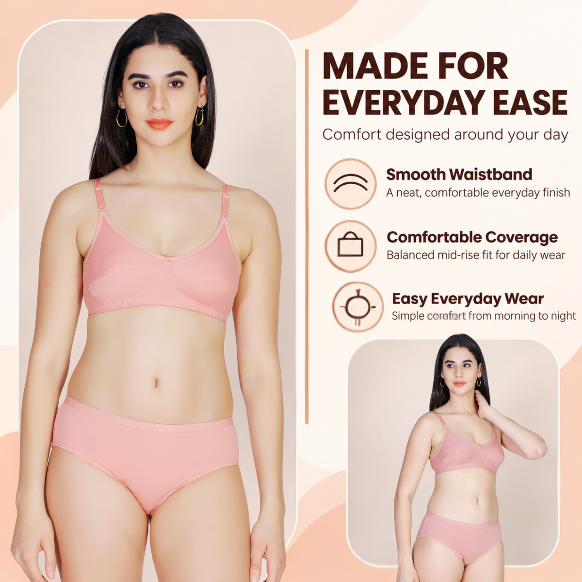 Aimly Women's Cotton Bra Panty Set – Non-Padded, Wire-Free Bra with Adjustable Straps, Mid Coverage