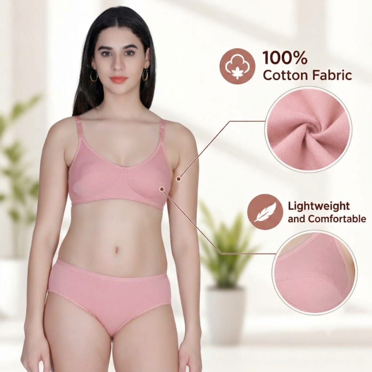 Aimly Women's Cotton Bra Panty Set – Non-Padded, Wire-Free Bra with Adjustable Straps, Mid Coverage