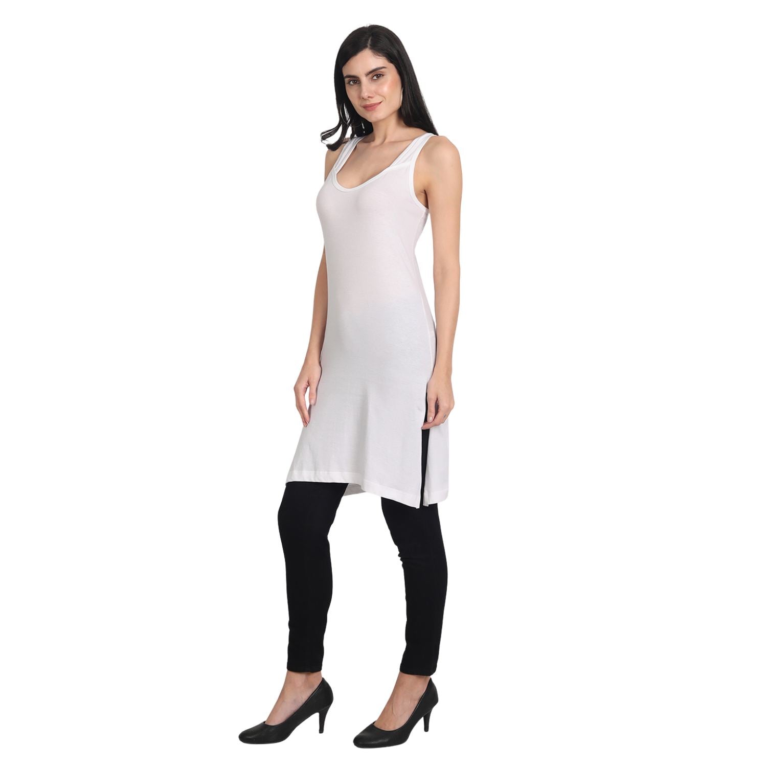 Women's Cotton Sleeveless Long Kurti Camisole Slip beige_white Spaghetti P2