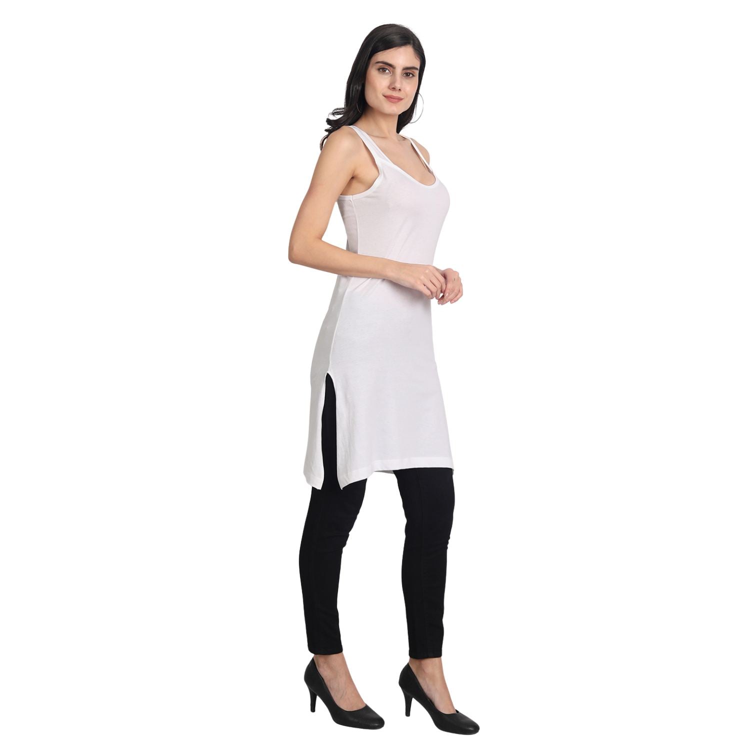 Women's Cotton Sleeveless Long Kurti Camisole Slip 2 white Spaghetti P2