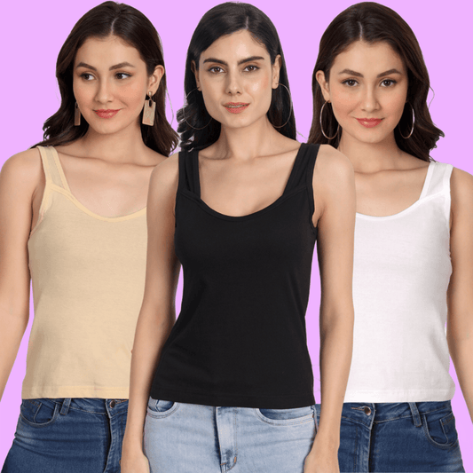 Women's Regular Fit Cotton U Neck Spaghetti Slips Camisoles Multicolor Combo Pack of 3 - Aimly.in