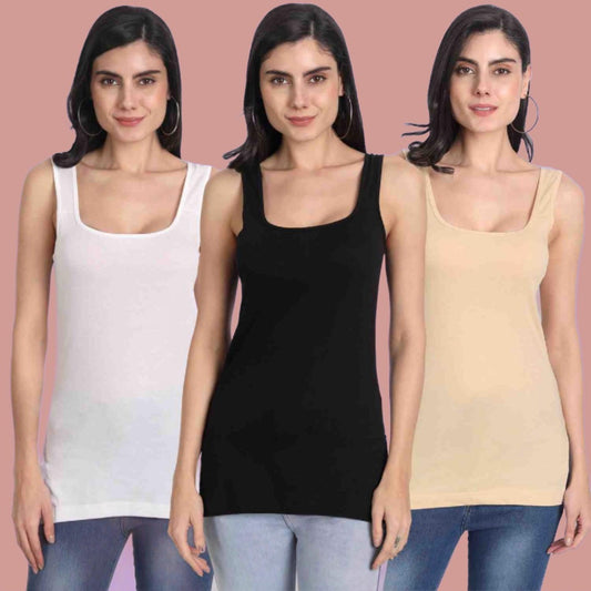 Women's Regular Fit Wide Strap Sleeveless Cotton Camisole Slip Spaghetti Multicolor Combo pack of 3 - Aimly.in