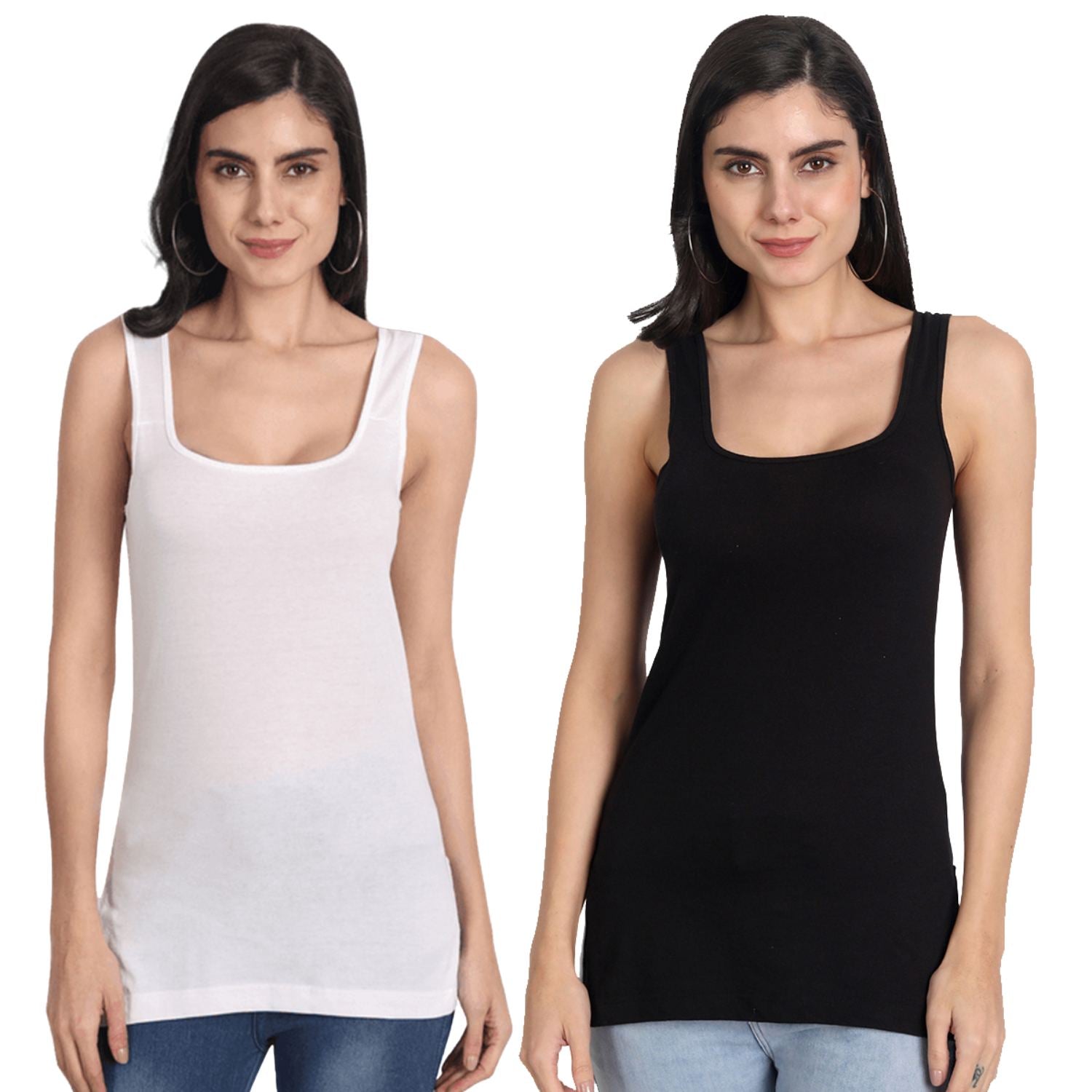 Women's Regular Fit Wide Strap Sleeveless Cotton Camisole Slip Spaghetti 1White_1Black Combo pack of 2