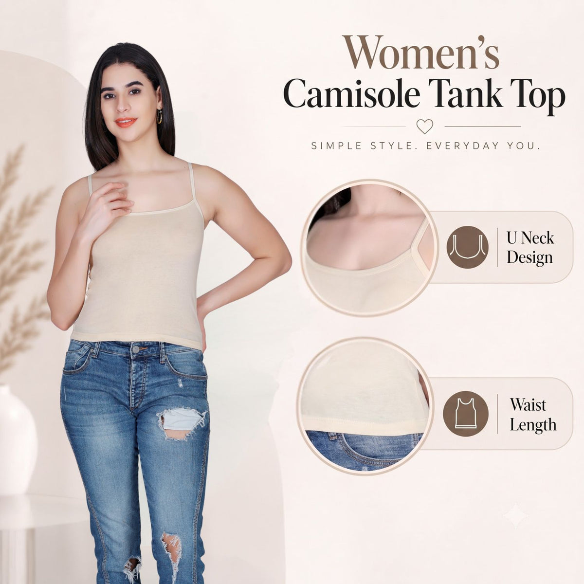 Aimly Women’s Cotton Camisole | Sleeveless Spaghetti Strap Innerwear Vest | Soft Breathable Lightweight Daily Wear Sleepwear Camisole with Slim Straps | Casual Solid Basic Tank Top for Girls & Women | Comfortable Everyday Innerwear | Undershirt Vest