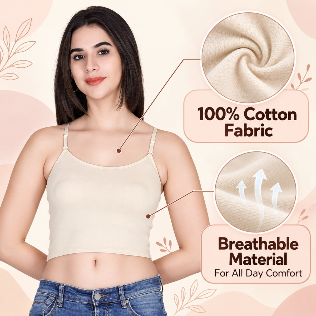 Aimly Women’s Cotton Adjustable Strap Non Padded Cami Bra | Soft Breathable Comfort Moisture Wicking Wire free Crop Top Innerwear for Casual Outfits, Office, College, Travel & Everyday Comfort | Seamless Daily Wear Supportive Bra for Girls & Women