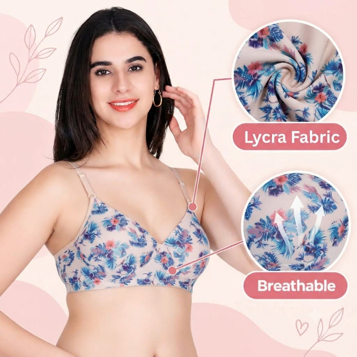 Aimly Floral Printed Soft Padded Lycra Mid Coverage Everyday Women Bra | Wireless Comfort Fit Breathable Stretch Fabric Lightly Padded Bra | Adjustable Strap Seamless Daily Wear Supportive lingerie